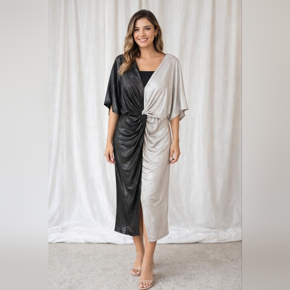 Lovely Day Two-Tone Metallic Twist Midi Dress size M
